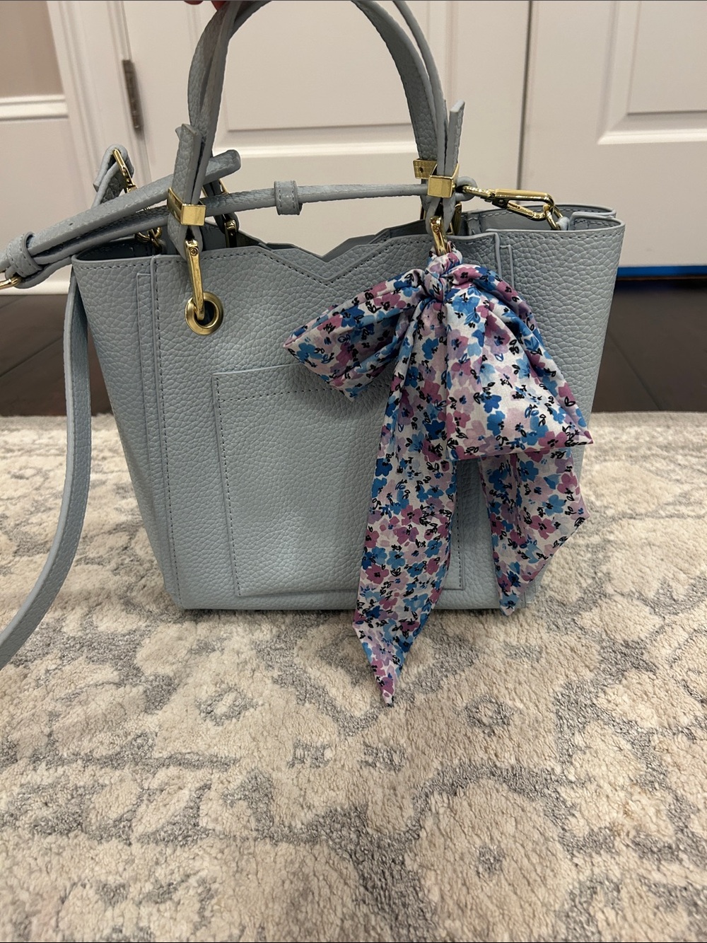 Steve Madden- Light Blue Pebbled Leather Crossbody with Floral Scarf